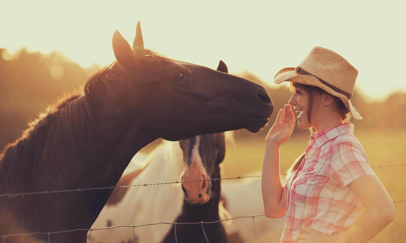 A woman talking to a horse